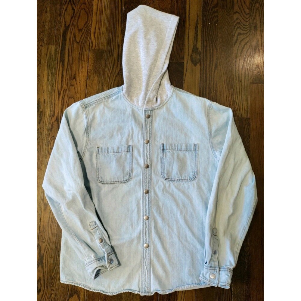Forever 21 Denim Jacket Hoodie Men's Medium Light Wash Snap Button Closure Blue